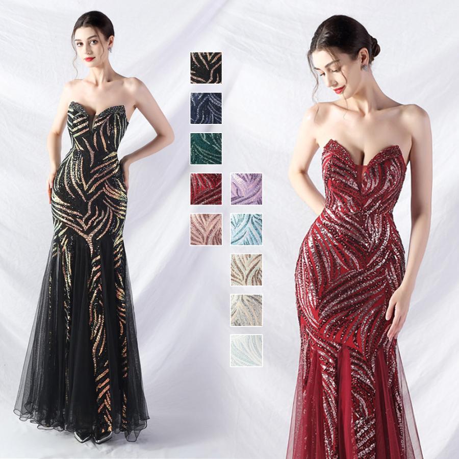 カラードレス パーティードレス キラキラ ベアトップ ビスチェ マーメイドドレス ノースリーブ ウェディングドレス ウエディングドレス 結婚式 二次会 発表会(4)