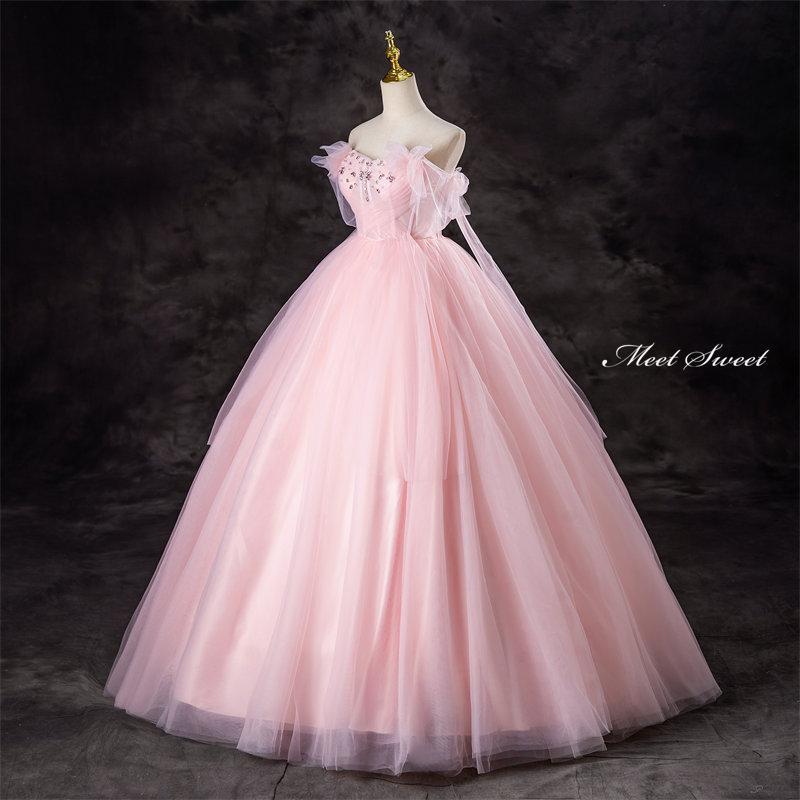 カラードレス ピンク オフショルダー チュール ウェディングドレス ロングドレス 結婚式 二次会 前撮り 演奏会 発表会 大人 ステージドレス ウエディングドレス