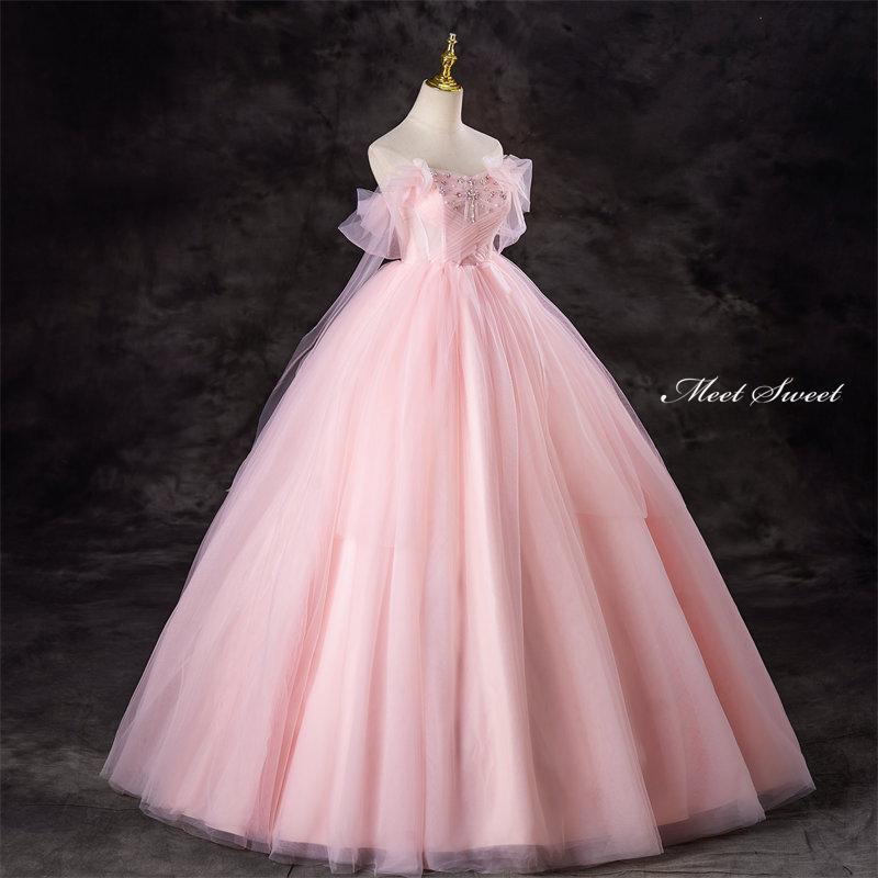 カラードレス ピンク オフショルダー チュール ウェディングドレス ロングドレス 結婚式 二次会 前撮り 演奏会 発表会 大人 ステージドレス ウエディングドレス