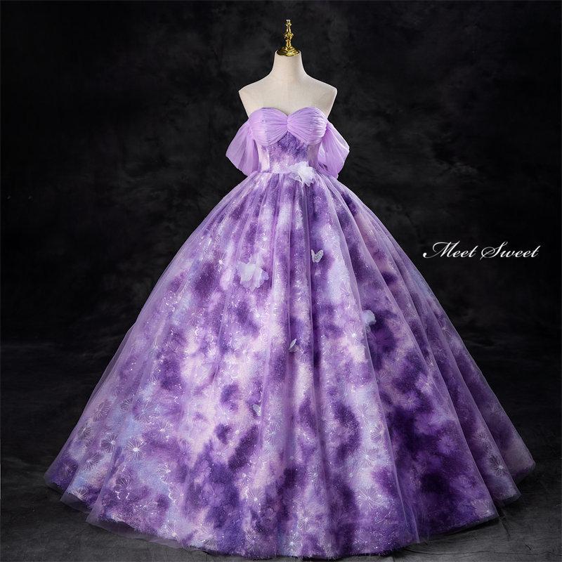 カラードレス パープル オフショルダー ウェディングドレス ロングドレス 結婚式 二次会 演奏会 発表会 大人 原宿風 紫 ステージドレス ウエディングドレス