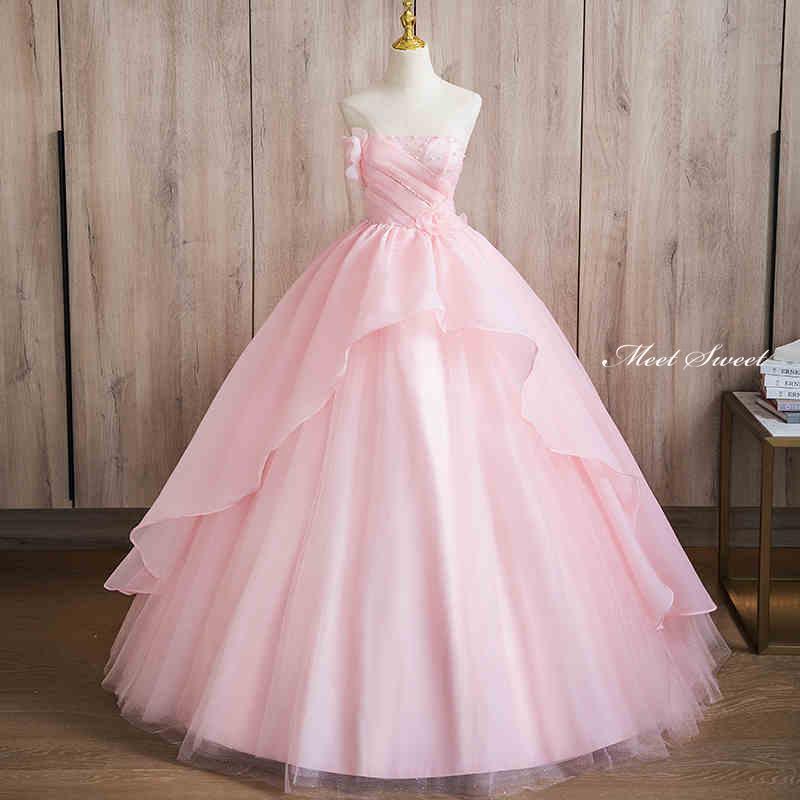 カラードレス ウェディングドレス ピンク ベアトップ オーガンジー ロングドレス 結婚式 二次会 演奏会 発表会 中高生 ステージドレス ウエディングドレス(4)