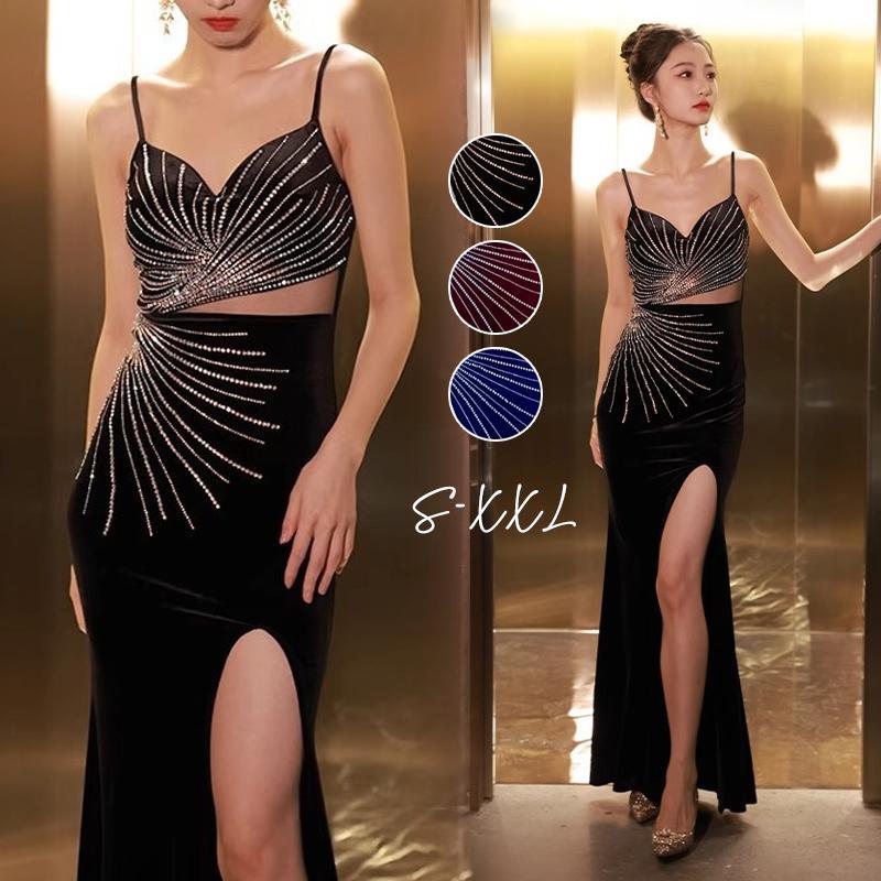 カラードレス パーティードレス ブラック ロイヤルブルー ワインレッド スリット 袖なし マーメイドドレス ウェディングドレス 発表会 結婚式 二次会