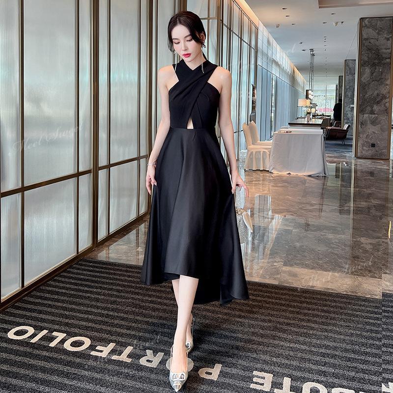パーティードレス ブラック 黒 クロスネック ドレス フィッシュテール 演奏会 ワンピース セクシー ミディアム丈 フィッシュテールドレス パーティドレス 同窓会