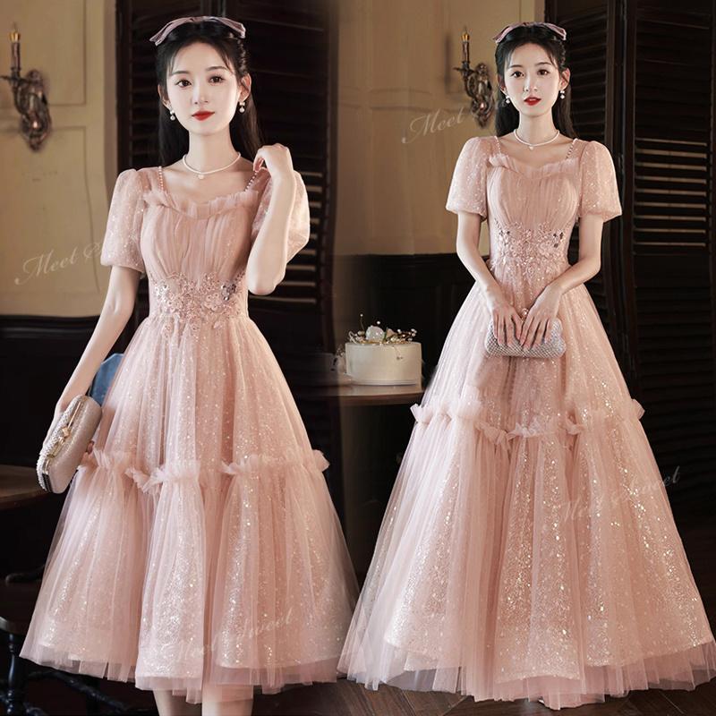 カラードレス ミディアム丈/ロング丈 ピンク ミニドレス ワンピース 半袖 二次会 ウェディングドレス 演奏会 結婚式 音楽会 発表会 高校生 パーティードレス