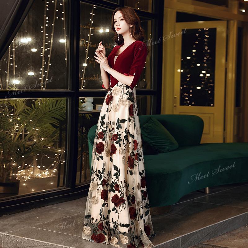 カラードレス ワインレッド 花柄 5分袖 袖付き 秋冬 ウェディングドレスドレス パーティードレス 演奏会 発表会 結婚式 二次会 フォーマル ミセス ベルベット