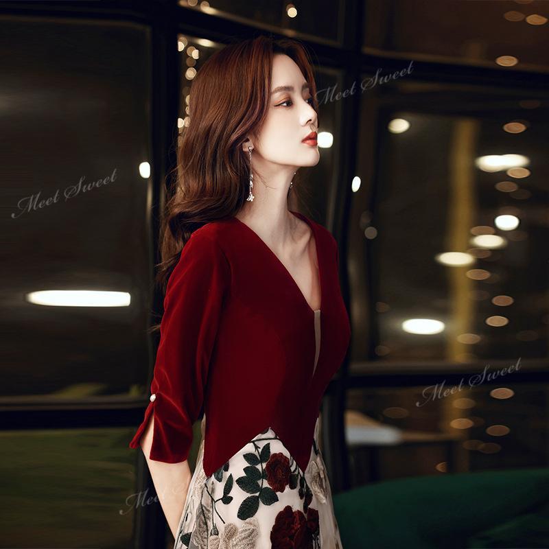 カラードレス ワインレッド 花柄 5分袖 袖付き 秋冬 ウェディングドレスドレス パーティードレス 演奏会 発表会 結婚式 二次会 フォーマル ミセス ベルベット