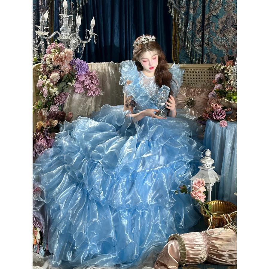 カラードレス ブルー ホワイト ウェディングドレス ボリューム 結婚式 二次会 大正昭和 ウエディングドレス レトロ婚 お誕生日 パーテ..