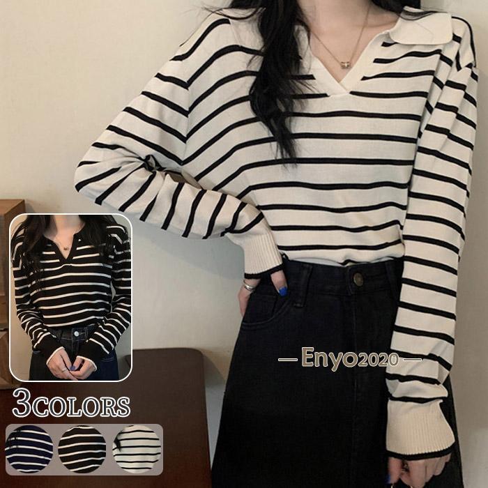 乐天商城 - ニット 秋 秋服 レディース 女の子 トップス セーター カットソー 長袖 ボーダー ゆったり ニットウエア Vネック 薄手 インナートップス オシャレ あたたかい