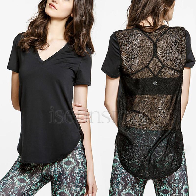 ヨガウェア トップス ロング 半袖Tシャツ バックレース Vネック レディース フィットネスウェア 吸汗 ..