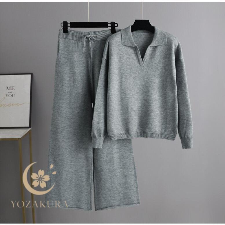 ニット セットアップ ワイドパンツ レディース 秋冬 長袖 ポロシャツ ポケット ケーブル編み おしゃれ ..