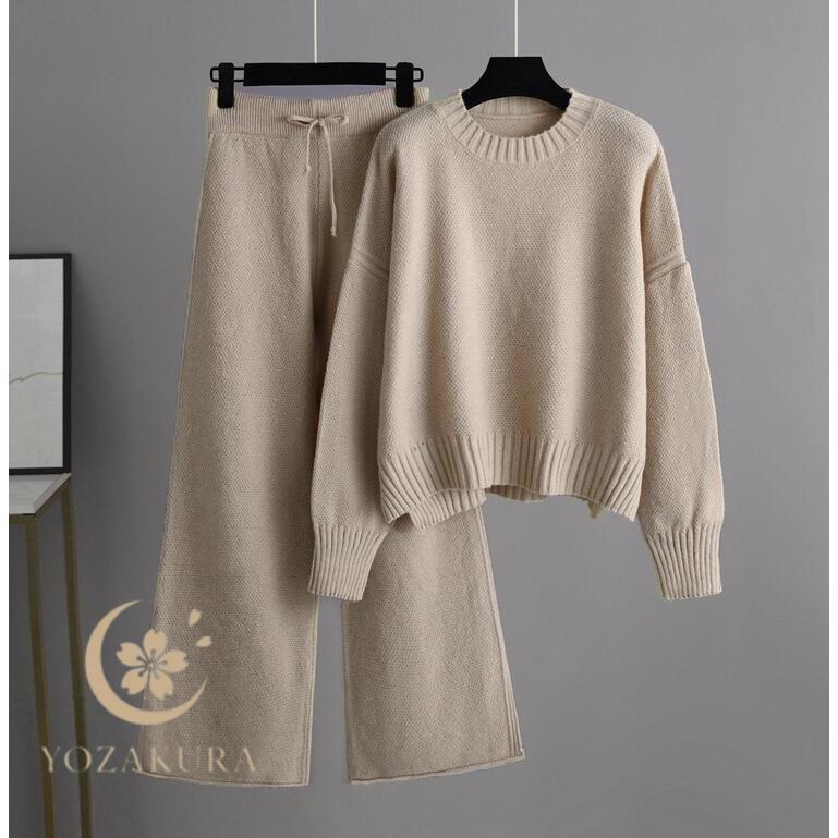 ニット セットアップ ワイドパンツ レディース 秋冬 長袖 ラウンドネック ケーブル編み おしゃれ セー..