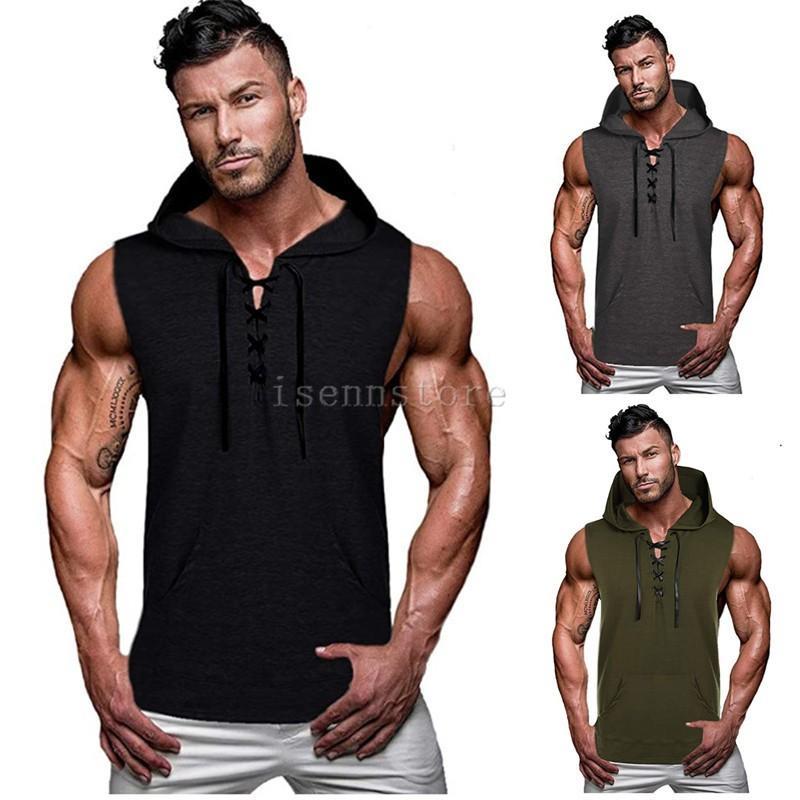2020新作 メンズ カジュアル スポーツ フード付き 無地 タンクトップ ノースリーブ パーカー トレーニ..