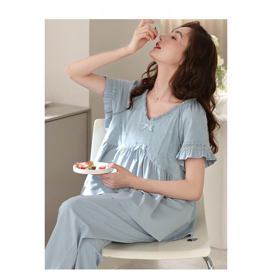 パジャマ レディースルームウェア Vネック 半袖シャツ 大きいサイズ 上下セット Tシャツ ショートパンツ レース柄 吸汗 通気 肌に優しい 柔らかい