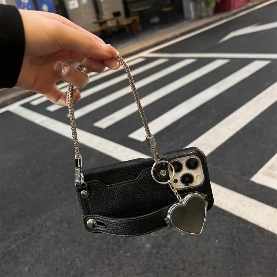 対応 iPhone15Pro ケース ハート 鏡付き スマホケース iPhone 15 Pro ケース ハンドストラップ付 カー..