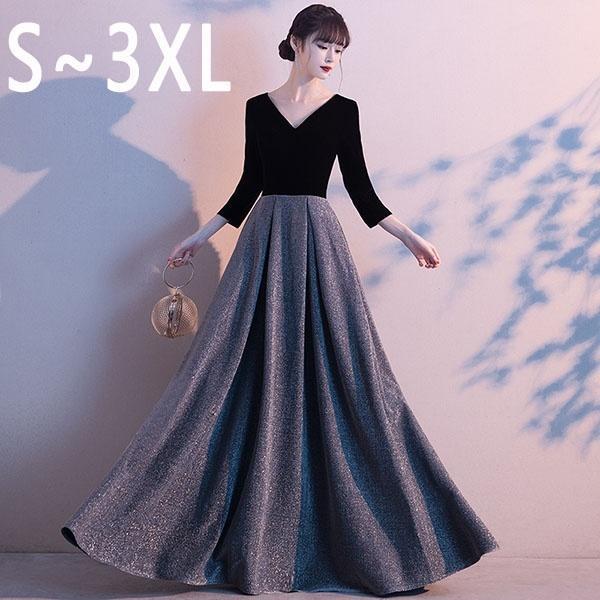 Rakuten - 【サイズ有S/M/L/XL/2XL/3XL】演奏会用ドレス ロングドレス 母親 結婚式 ドレス 大人 ピアノ 発表会 袖付き パーティードレス