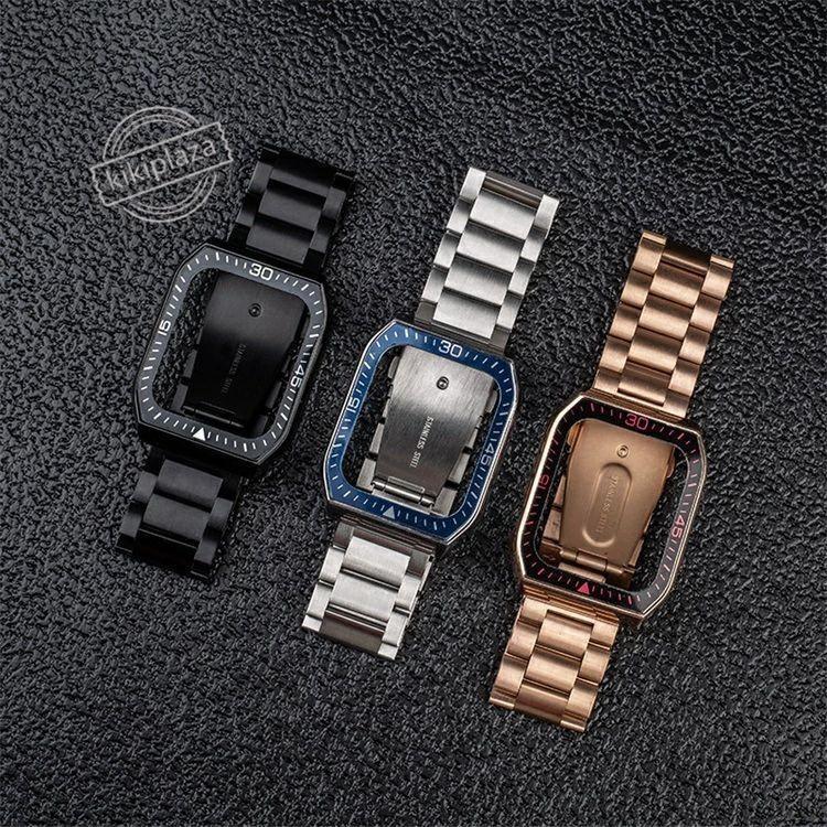 Ladies - apple watch バンド 本革 保護ケース+バンドセット フレーム保護 ビジネス アップルウォッチバンド シンプル おしゃれ 45mm 44mm ステンレス 長さ調節可 金属
