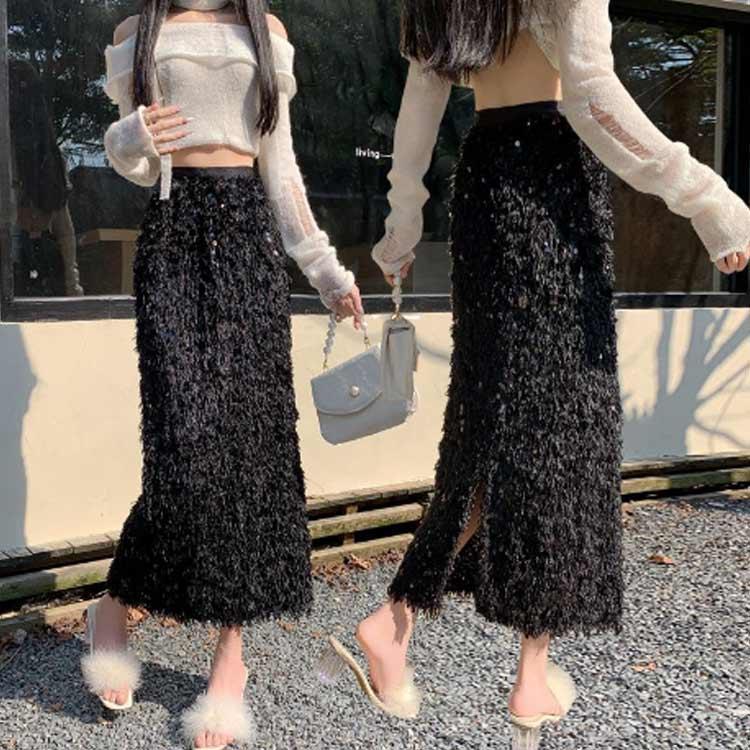 スカート レディース フリンジスカート もこもこ タイトスカート ナロースカート ロング丈 ロングスカート ウエストゴム 女性 通学 通勤 旅行 お出 3