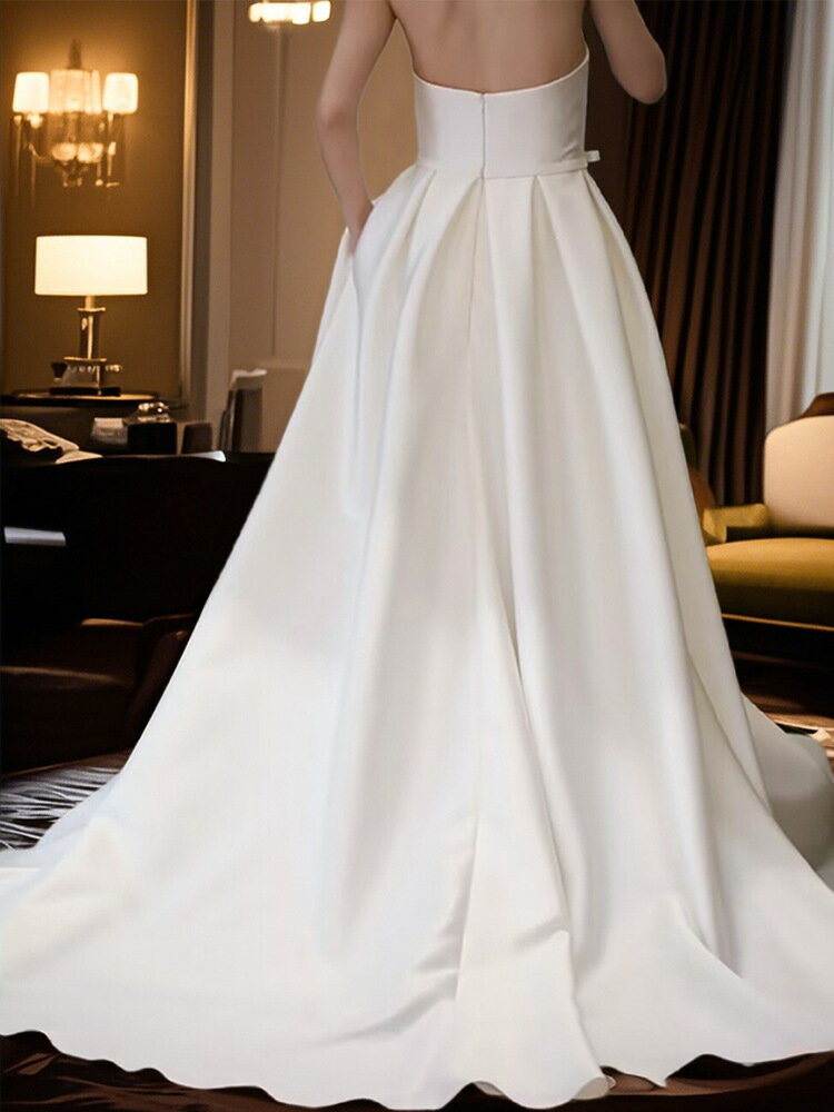 ウェディングドレス サテン ビスチェ ベアトップ ノースリーブ Aライン ロング 二次会 結婚式 披露宴 前撮り 後撮り 発表会 花嫁 ウエディングドレス 花嫁ドレス