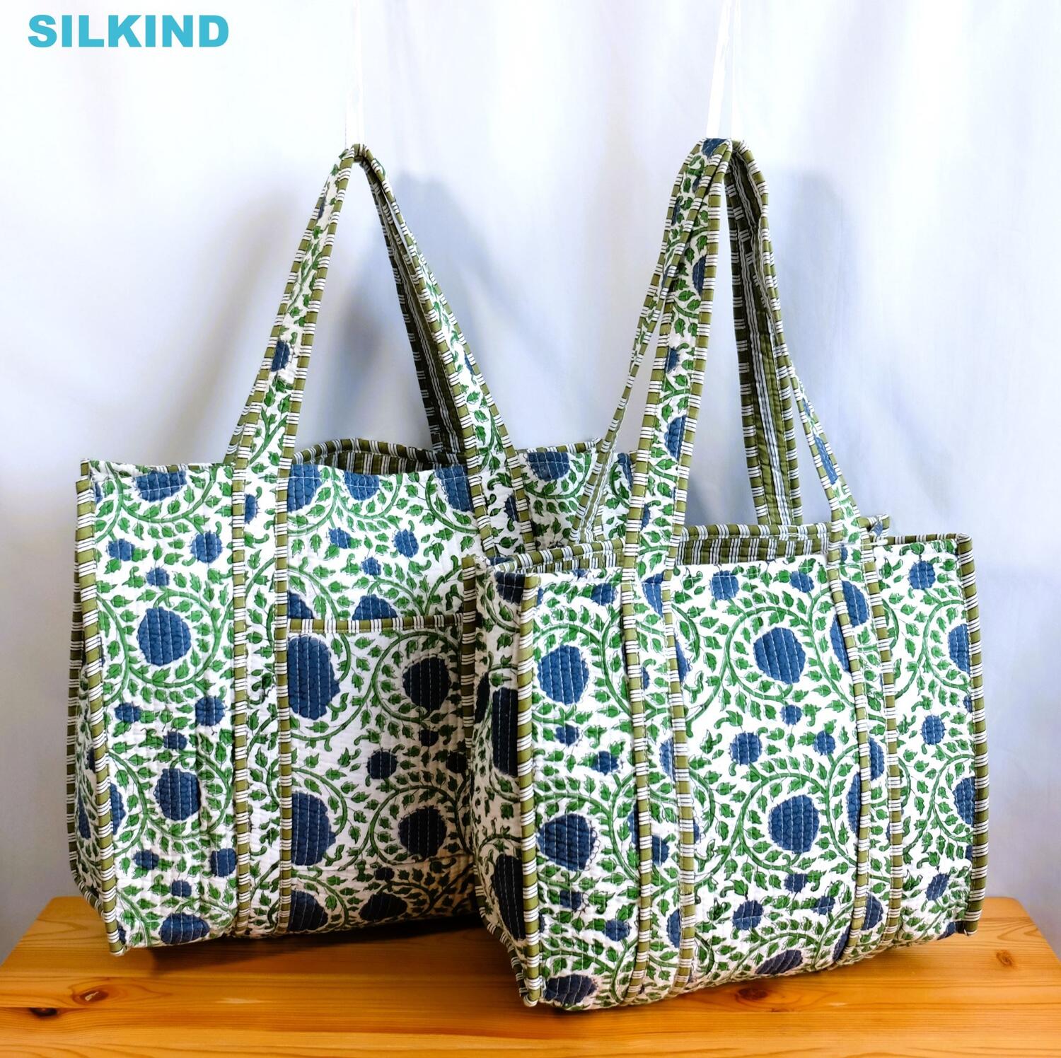 トートバッグ インド綿 ブロックプリント グリーンプラントおしゃれ かわいい 花柄 トートバッグ 布製..