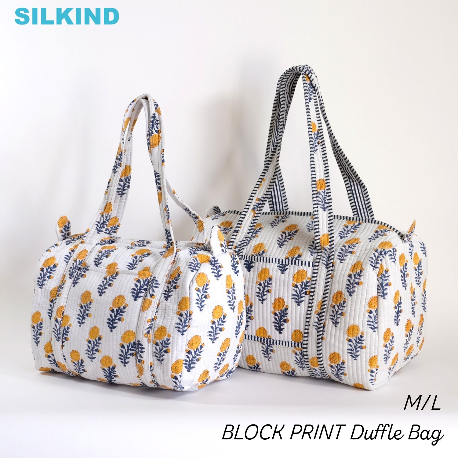 ダッフルバッグ インド綿 ブロックプリント イエローフラワーおしゃれ かわいい 花柄 ボストンバッグ 布製バッグ キルティングバッグ ショッピングバッグ エシカル ハンドメイド インド雑貨 アジア雑貨 ボタニカル
