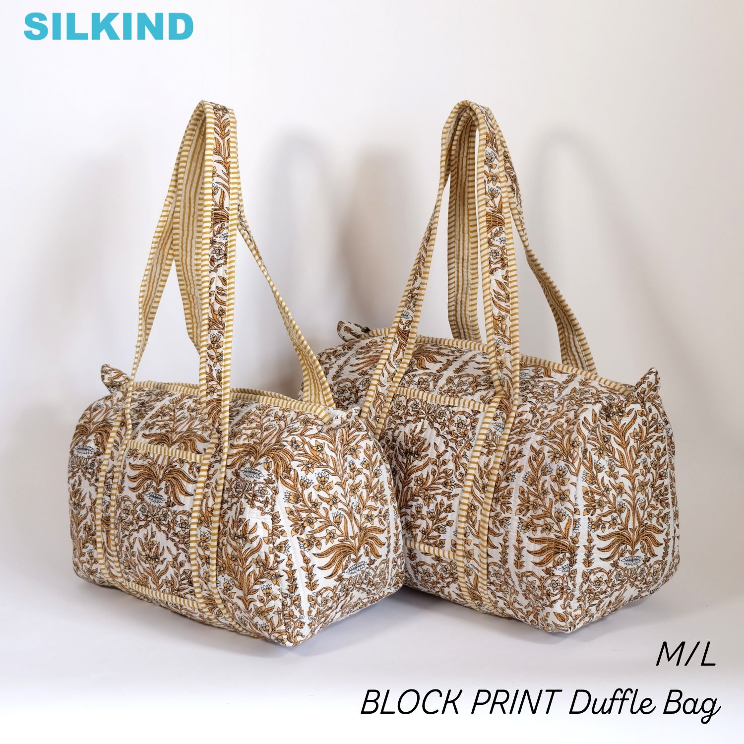 ダッフルバッグ インド綿 ブロックプリント イエローブラウンおしゃれ かわいい 花柄 ボストンバッグ ..