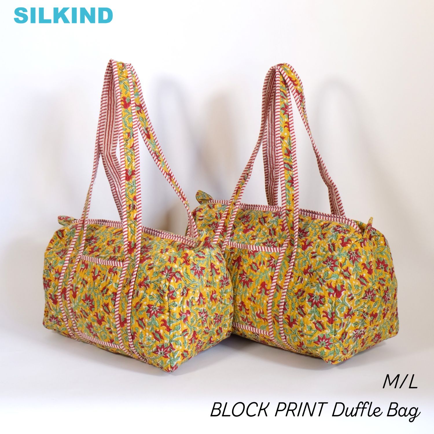ダッフルバッグ インド綿 ブロックプリント イエローレッドおしゃれ かわいい 花柄 ボストンバッグ 布..