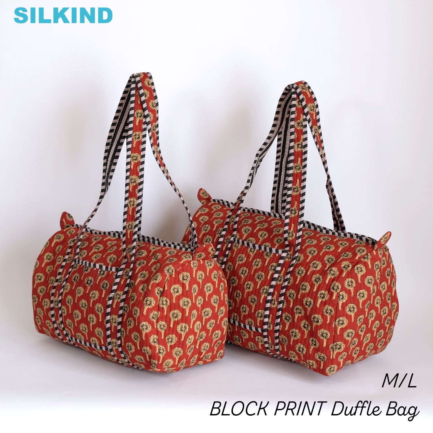 ダッフルバッグ インド綿 ブロックプリント クリムゾンフラワーおしゃれ かわいい 花柄 ボストンバッグ..