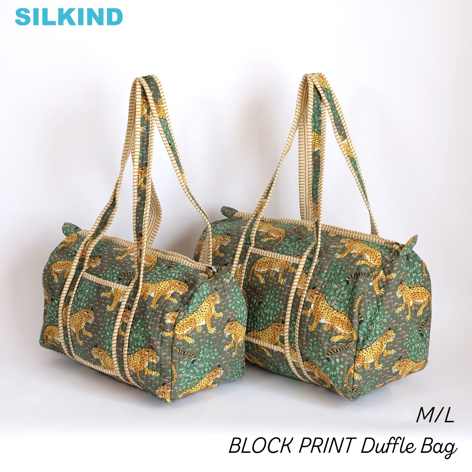 ダッフルバッグ インド綿 ブロックプリント グリーンレオパルドおしゃれ かわいい 花柄 ボストンバッグ..