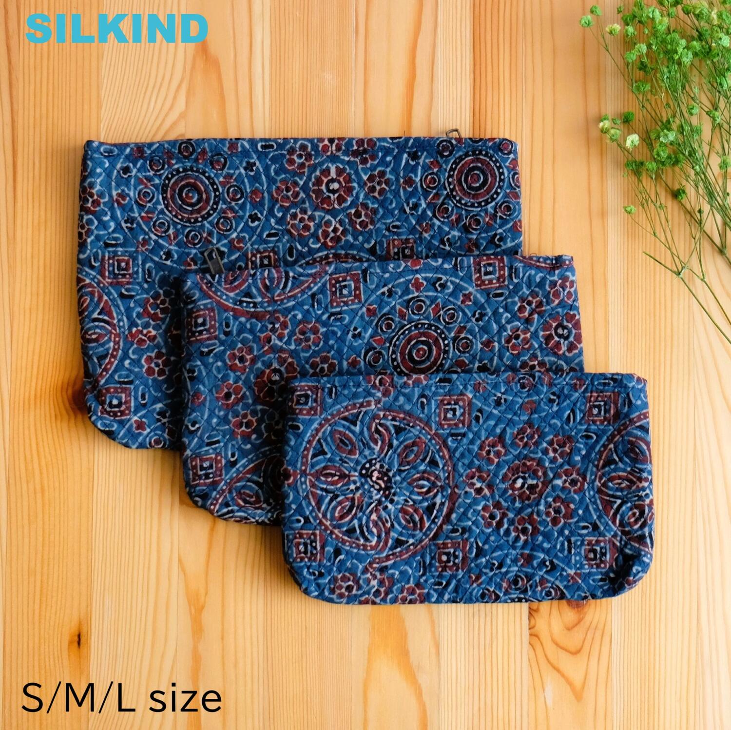 ポーチ インド綿 ブロックプリント アジュラック インディゴ×紋章おしゃれ かわいい ポーチ 小物入れ ..