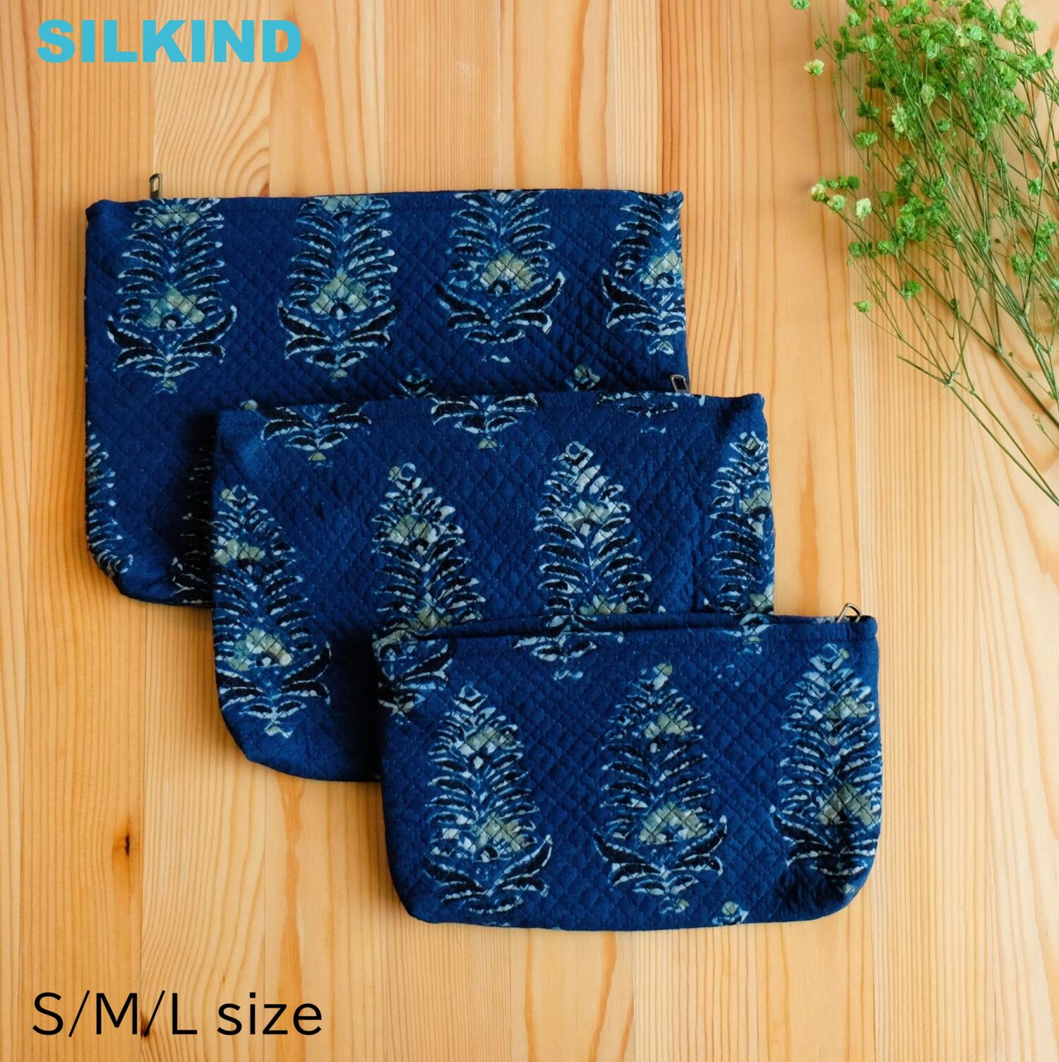 ポーチ インド綿 ブロックプリント アジュラック ターコイズ×草木おしゃれ かわいい ポーチ 小物入れ ..