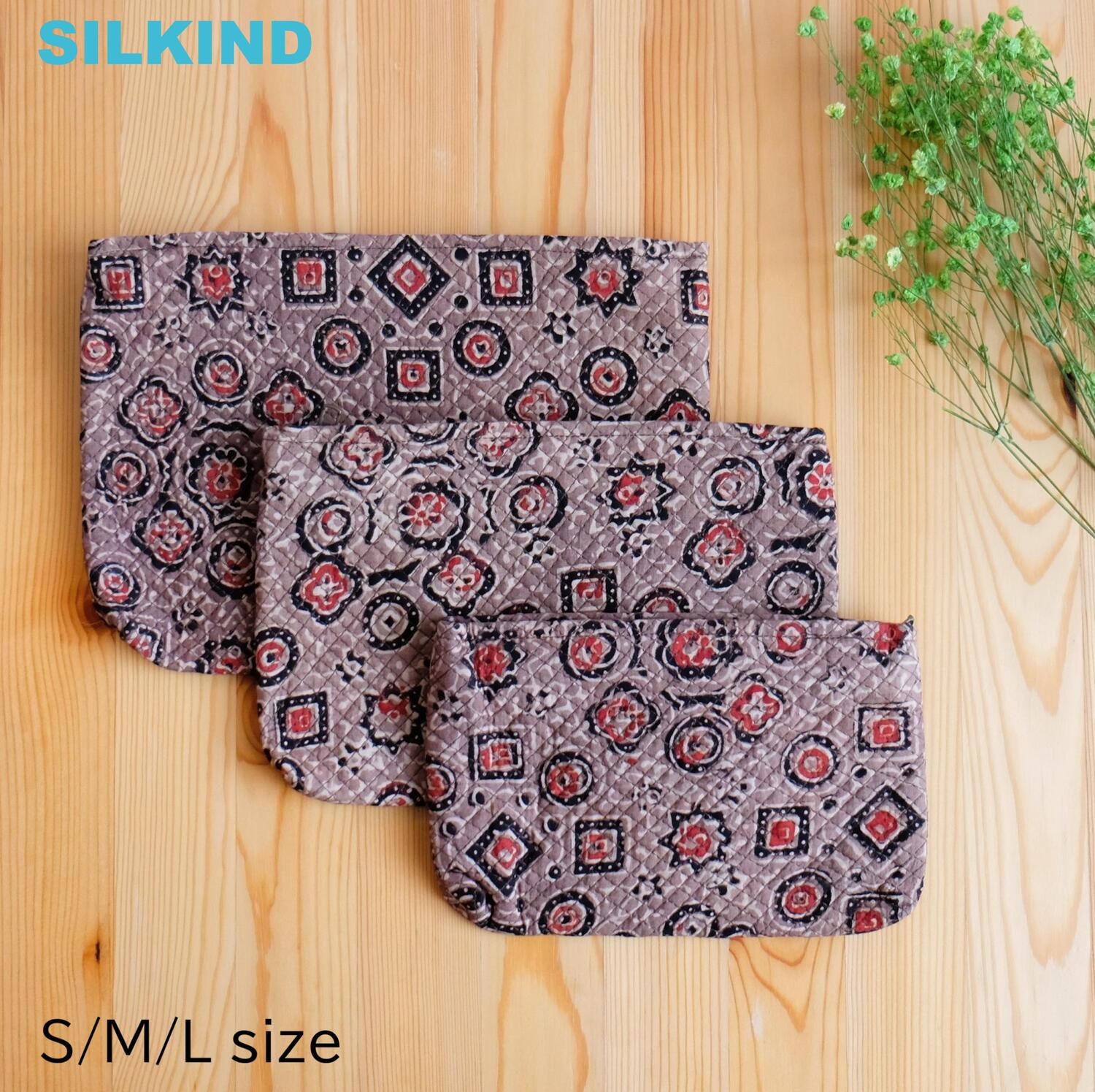 ポーチ インド綿 ブロックプリント アジュラック ブラウン×紋章おしゃれ かわいい ポーチ 小物入れ 筆..