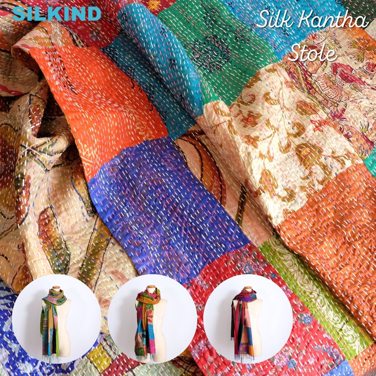 シルクカンタ　ストール　パッチワーク　約50×200cm　インド刺し子布　A～Fおしゃれ かわいい ハンドメ..