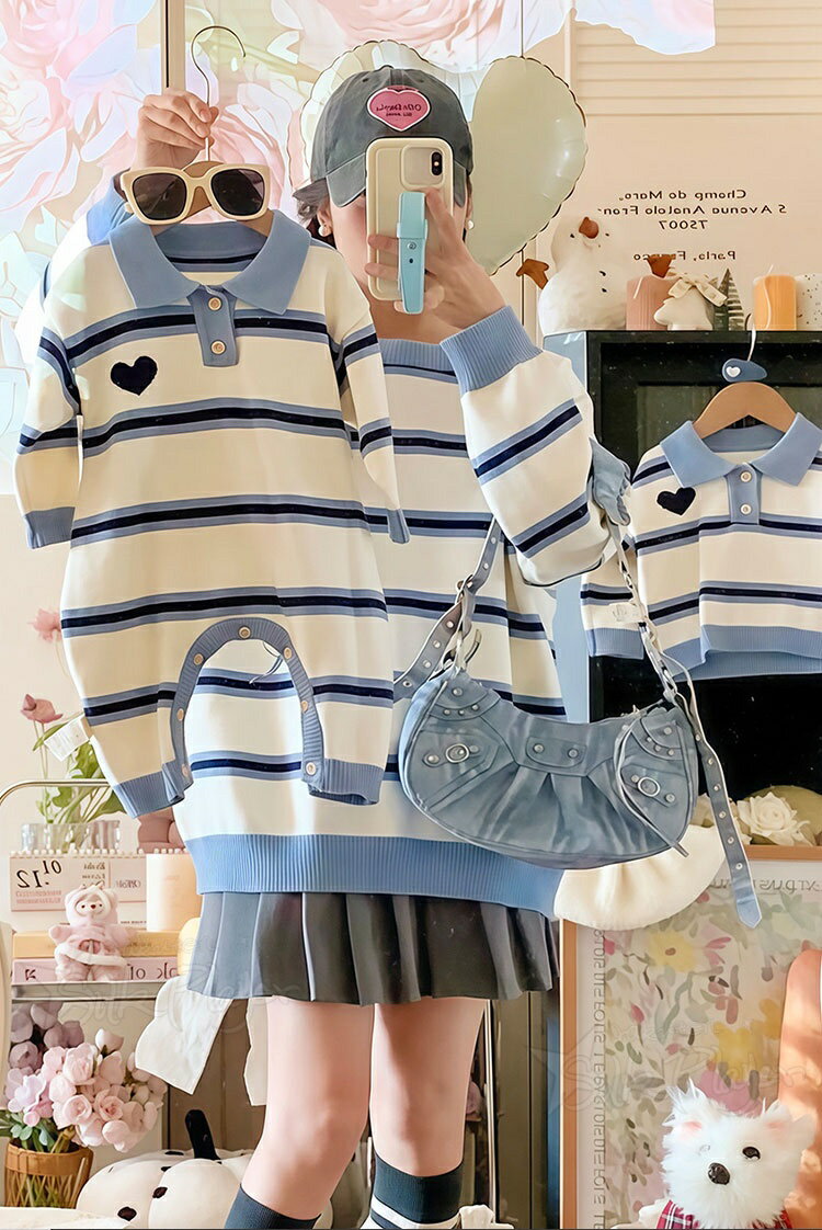 リンクコーデ 親子 セット 長袖 親子ペア セーター ベビーロンパース ニット セーター 縞柄 かわいい トップス 春秋 男女 おそろい 子供服 トップス 秋 親子ペアルック ペアセーター ママ パパ 家族お揃い 親子コーデ 秋冬 写真用 記念撮影 クリスマス