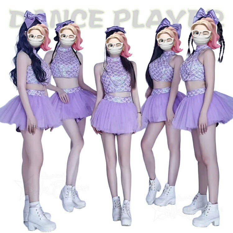 Rakuten - k-pop 衣装 ダンス衣装 パープル セットアップ 大人 レディース 韓国 アイドル 衣装 タンクトップ へそ出し 肩出し チュールスカート キラキラ ダンス衣装 K-POP レディース k-popアイドル服 高校生 チーム 練習着 ギャル服 チアガール K-POP ガールズ ヒップポップ