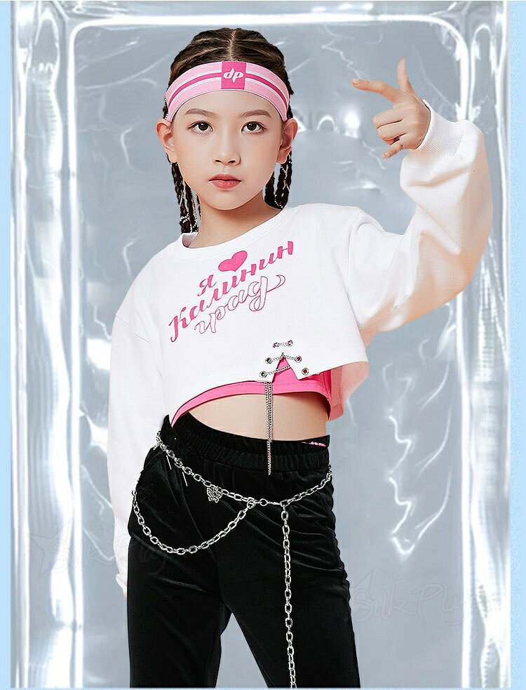 Silk Playerの白 トップス 黒 フレアパンツ キッズダンス衣装 セットアップ ブラック パンツ アイドル 衣装 ヒップホップ ジュニア 女の子 中学生 小学生 hiphop ジャズダンス ガールズグループ 派手 子供 ダンスウェア 発表会 団体服 ステージ衣装 練習着 イベント レッスン｜アングル2