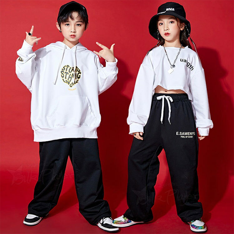 キッズダンス衣装 セットアップ 白パーカー 黒パンツ ダンス衣装 韓国 k-pop 衣装 ...