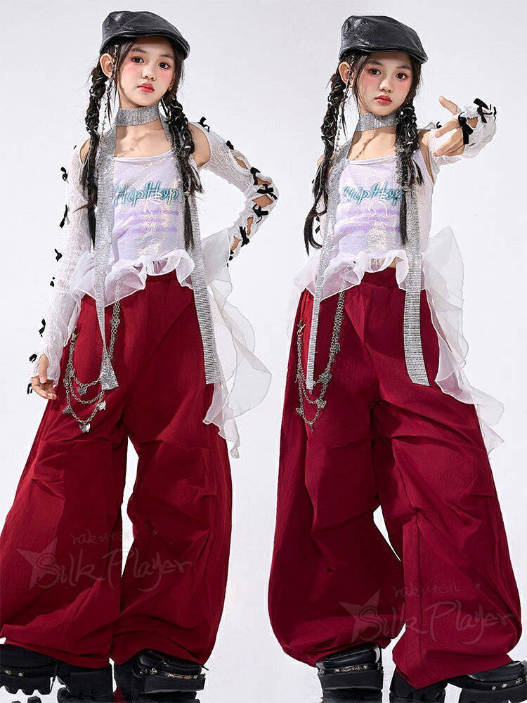 k-pop 衣装 赤 ダンスパンツ 女の子 キッズダンス衣装 へそ出し キャミソールトップス チュール裾 レッド ロングパンツ ゆったり セットアップ ジュニア 韓国 アイドル衣装 ヒップホップ ジャズ チアダンス ステージ衣装 派手 演出服 応援団 ステージ衣装 ダンス発表会 2