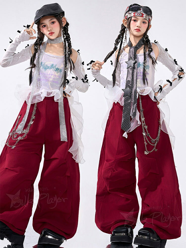 k-pop 衣装 赤 ダンスパンツ 女の子 キッズダンス衣装 へそ出し キャミソールトップス チュール裾 レッド ロングパンツ ゆったり セットアップ ジュニア 韓国 アイドル衣装 ヒップホップ ジャズ チアダンス ステージ衣装 派手 演出服 応援団 ステージ衣装 ダンス発表会 3