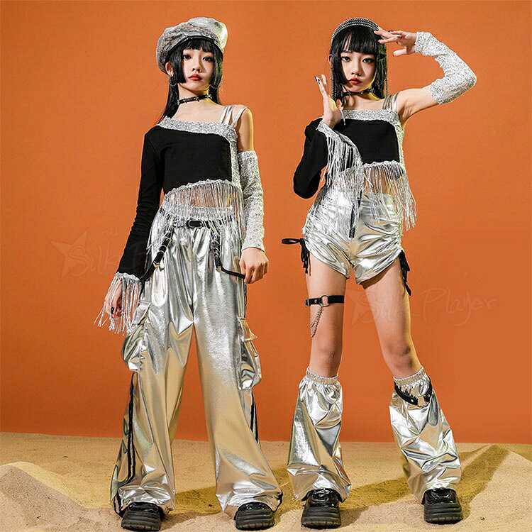 黒 シルバー キッズ ダンス衣装 セットアップ k-pop 衣装 女の子 へそ出し トップス 黒 キラキラ カーゴパンツ 短パンツ ダンス 衣装 レッグカバー 銀色 K-POP 韓国 ジャズダンス ヒップホップ ワイドパンツ 韓国 アイドル 衣装 チアダンス チアガール 演出服 ステージ 衣装 3