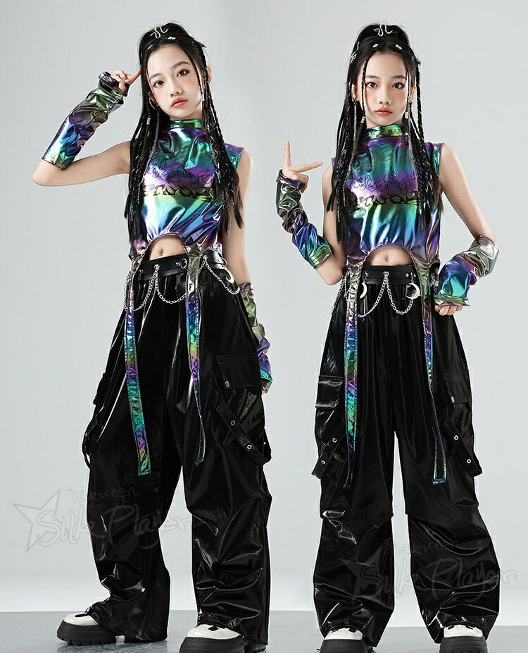 k-pop衣装 女の子 メタリック キッズダンス衣装 セットアップ 女の子 へそ出し ト...