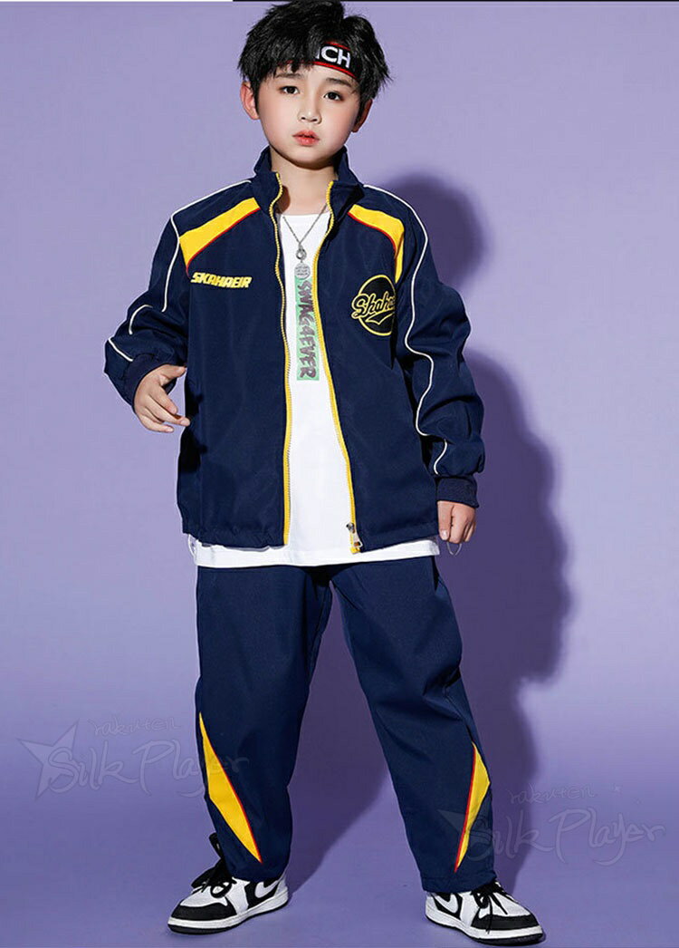 運動風 ネイビー ダンス衣装 キッズ セットアップ 長袖 トップス ロングパンツ ダンスセット ゆったり 男の子 女の子 韓国 k-pop ヒップホップ ジャズダンス チアダンス 演出服 応援団 ステージ衣装 団体服 ダンス発表会 運動会 社交ダンス HIPHOP 110 180cm 3