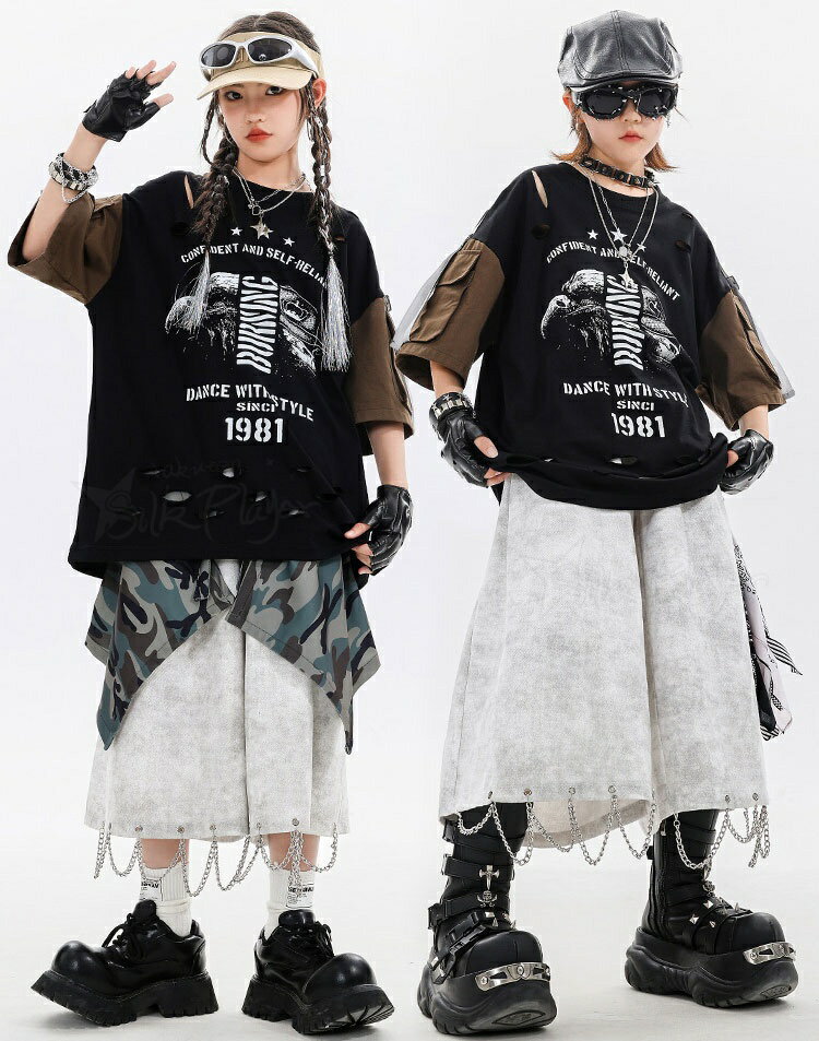 キッズ ダンス 衣装 セットアップ 黒 トップス ダメージ tシャツ タイダイ柄 ハーフパンツ ゆったり k-pop 衣装 韓国 カコイイ 男の子 女の子 ヒップホップ ワイドパンツ 迷彩柄 腰巻き ダンス衣装 キッズ HIPHOP 発表会 中学生 高校生 子供 演出服 応援団 110 180 3