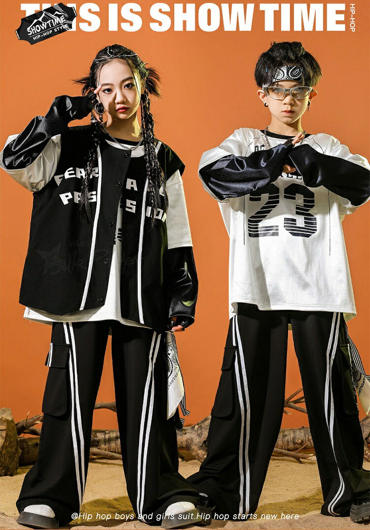 ダンス 衣装 キッズ セットアップ トップス 白 重ね着風 長袖tシャツ 黒ベスト カ...