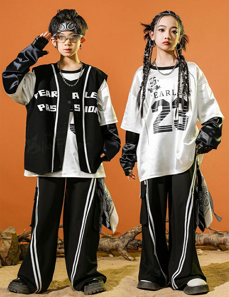 ダンス 衣装 キッズ セットアップ トップス 白 重ね着風 長袖tシャツ 黒ベスト カ...