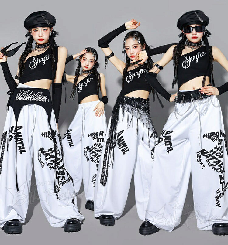 Silk Playerのk-pop 衣装 黒 トップス キッズ ダンス衣装 セットアップ 女の子 へそ出し トップス ワンショルダー ホワイト ロングパンツ ワイドパンツ ゆったり かっこいい 韓国 ガールズ ダンス服 ヒップホップ ジャズ チアダンス ステージ衣装 発表会 HIPHOP 演出 イベント 応援団｜アングル2