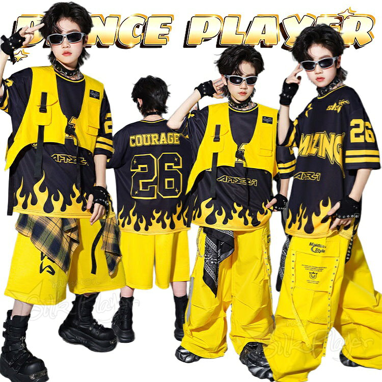 Rakuten - キッズダンス衣装 セットアップ 黒 半袖 ジャージ風 tシャツ イエロー 黄色 ベスト イエロー カーゴパンツ ハーフパンツ ゆったり かっこいい 韓国 k-pop 衣装 男の子 女の子 ダンス衣装 ジャズ ヒップホップ チアダンス 演出服 HIPHOP 応援団 発表会 ステージ衣装 110 180cm