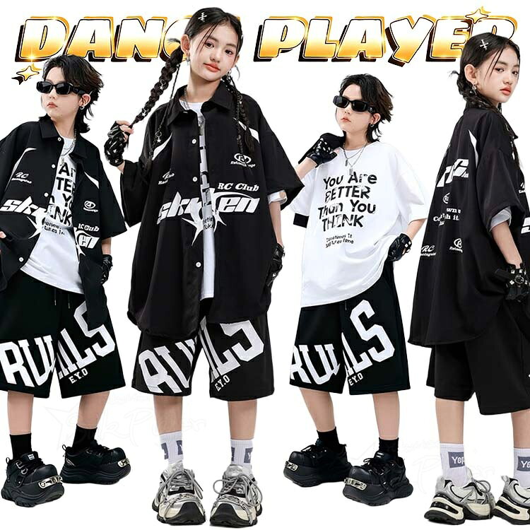 乐天商城 - 黒 キッズ ダンス衣装 ヒップホップ シャツ レーシング風 半ズボン ハーフパンツ HIPHOP 子供 半袖 ゆったりtシャツ ジャズダンス 女の子 男の子 韓国子供服 ジャズダンス 韓国 k-pop 衣装 ストリート 団体服 舞台服 演出服 ステージ衣装 学園祭 かっこいい