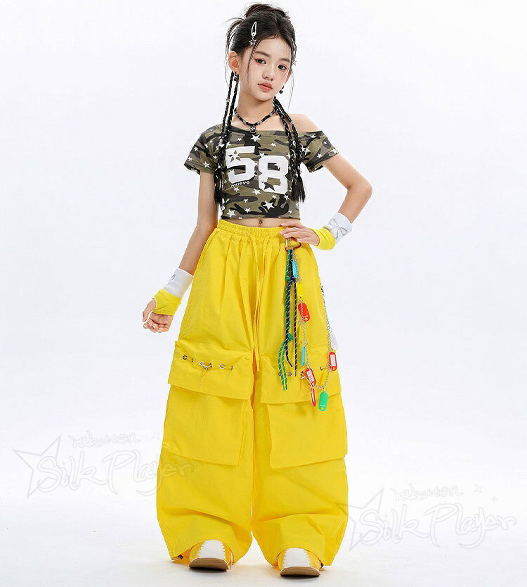 k-pop衣装 女の子 迷彩トップス ダンス衣装 キッズ セットアップ へそ出し 半袖 tシャツ 黄色 カーゴパンツ ワイドパンツ ゆったり かっこいい 韓国 ガールズ ヒップホップ ダンス衣装 ジャズ チアダンス 演出服 HIPHOP 応援団 発表会 ステージ衣装 社交ダンス 110 180 - 2