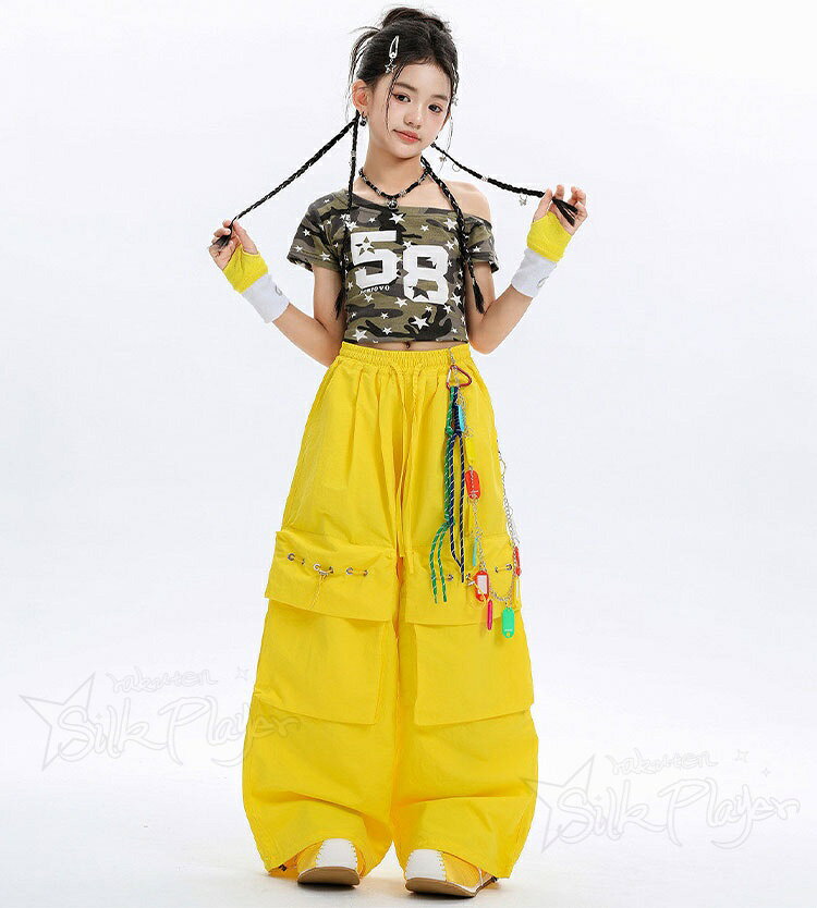 k-pop衣装 女の子 迷彩トップス ダンス衣装 キッズ セットアップ へそ出し 半袖 tシャツ 黄色 カーゴパンツ ワイドパンツ ゆったり かっこいい 韓国 ガールズ ヒップホップ ダンス衣装 ジャズ チアダンス 演出服 HIPHOP 応援団 発表会 ステージ衣装 社交ダンス 110 180 - 3