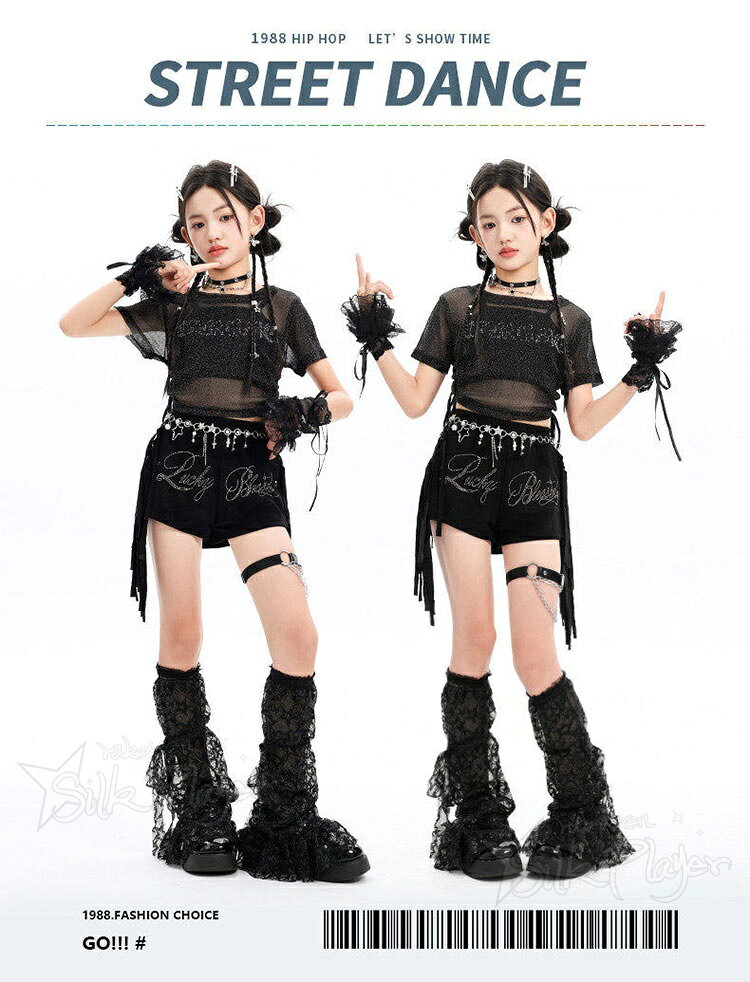 Silk Playerのk-pop 衣装 黒 セットアップ キッズダンス衣装 女の子 半袖 網トップス ブラック へそ出し タンクトップ ブラック ショートパンツ 短パン ゆったり 韓国 ヒップホップ アイドル 衣装 チアダンス ストリート Y2K ジャズダンス ダンスウェア 発表会 応援団 HIPHOP ステージ衣装｜アングル2